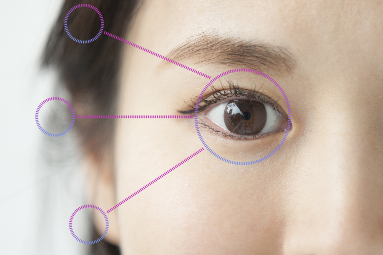 Close up of a woman's face, focusing on her eye. Overlay graphic of circles connected by lines, large circle over the eye.