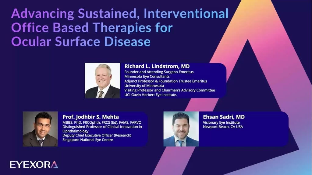 Banner for a conference on ocular surface disease with three speaker bios and photos: Richard L. Lindstrom, Jodhbir S. Mehta, and Ehsan Sadri, MD. Includes gradient purple graphics and EYEXORA logo at bottom left.