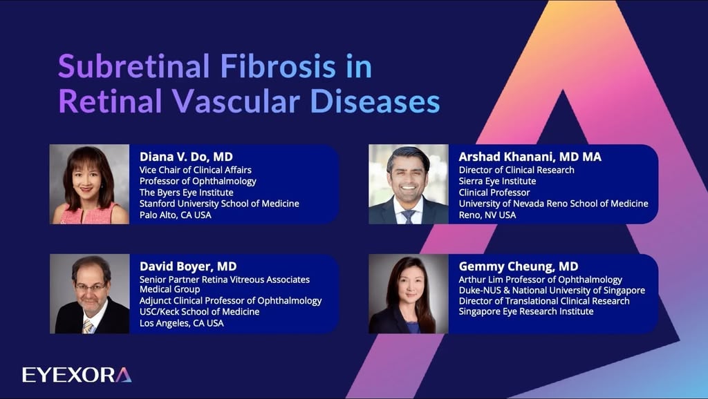 Slide titled 'Subretinal Fibrosis in Retinal Vascular Diseases' with four speaker bios and photos, including Diana V. Do, Arshad Khanani, David Boyer, and Gemmy Cheung; EYEXORA logo visible.